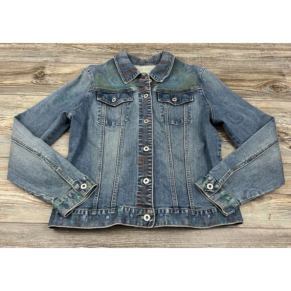 Gap Blue Denim Jean Jacket Womens Medium Stretch Graffiti‎ Painted Button Front